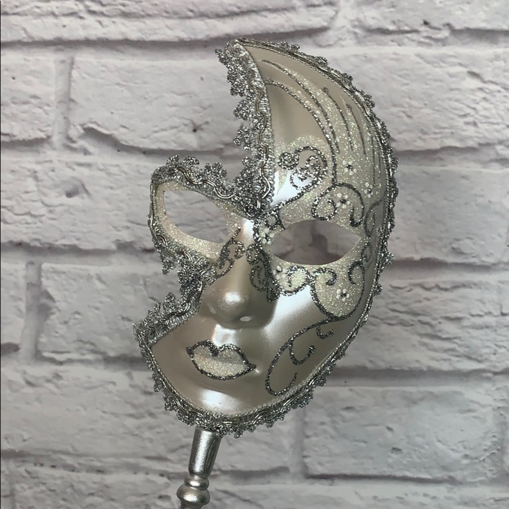 Masquerade mask - silvers & whites with 11” stick
